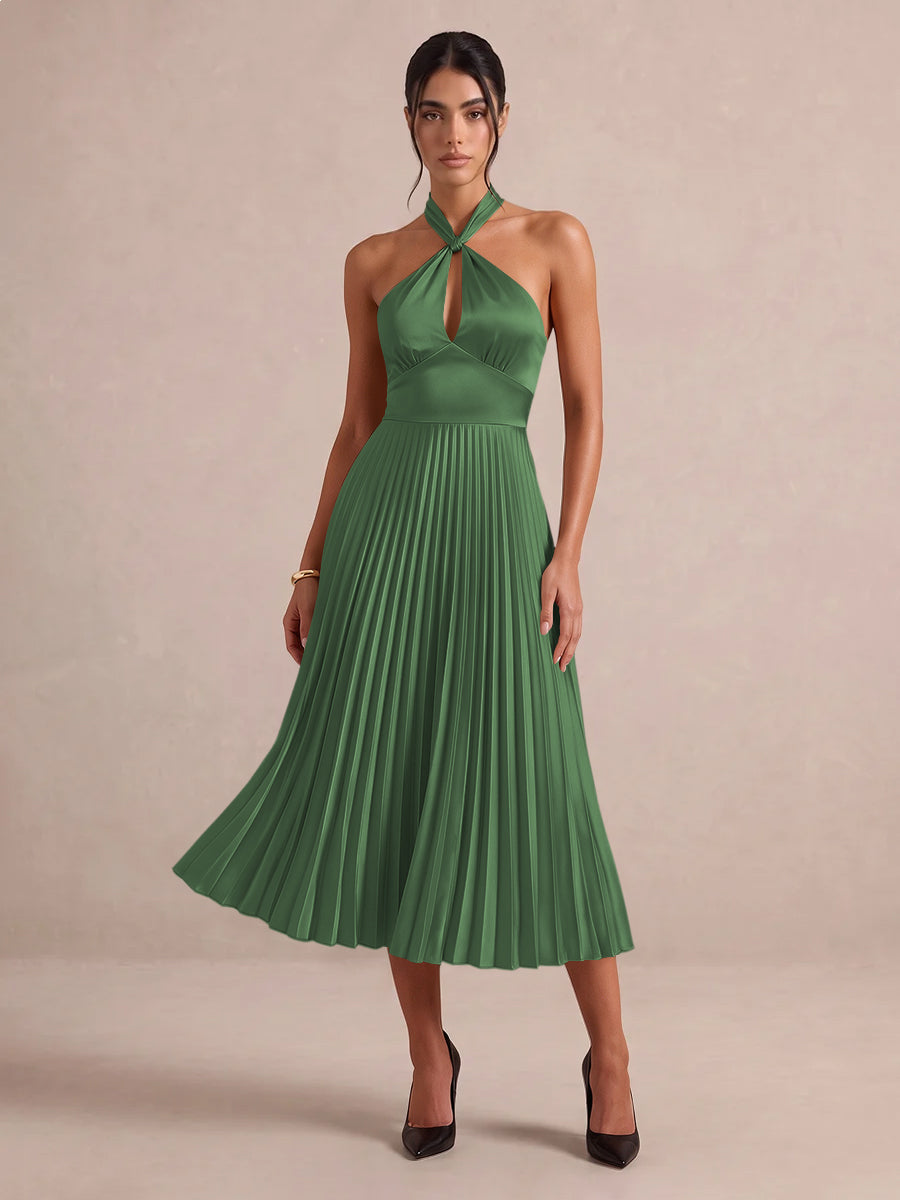 Emerald Green A Line Midi Satin Wedding Guest Dresses Halter Neck Cocktail Dresses