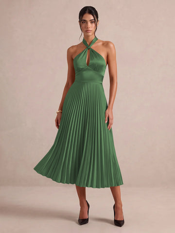 Emerald Green A Line Midi Satin Wedding Guest Dresses Halter Neck Cocktail Dresses