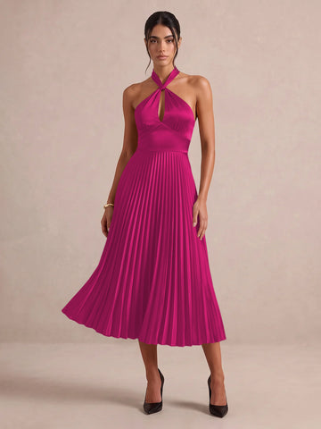 Emerald Green A Line Midi Satin Wedding Guest Dresses Halter Neck Cocktail Dresses