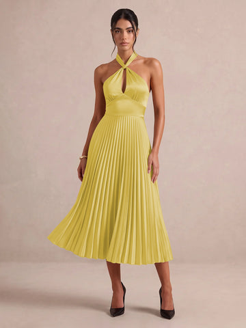 Emerald Green A Line Midi Satin Wedding Guest Dresses Halter Neck Cocktail Dresses