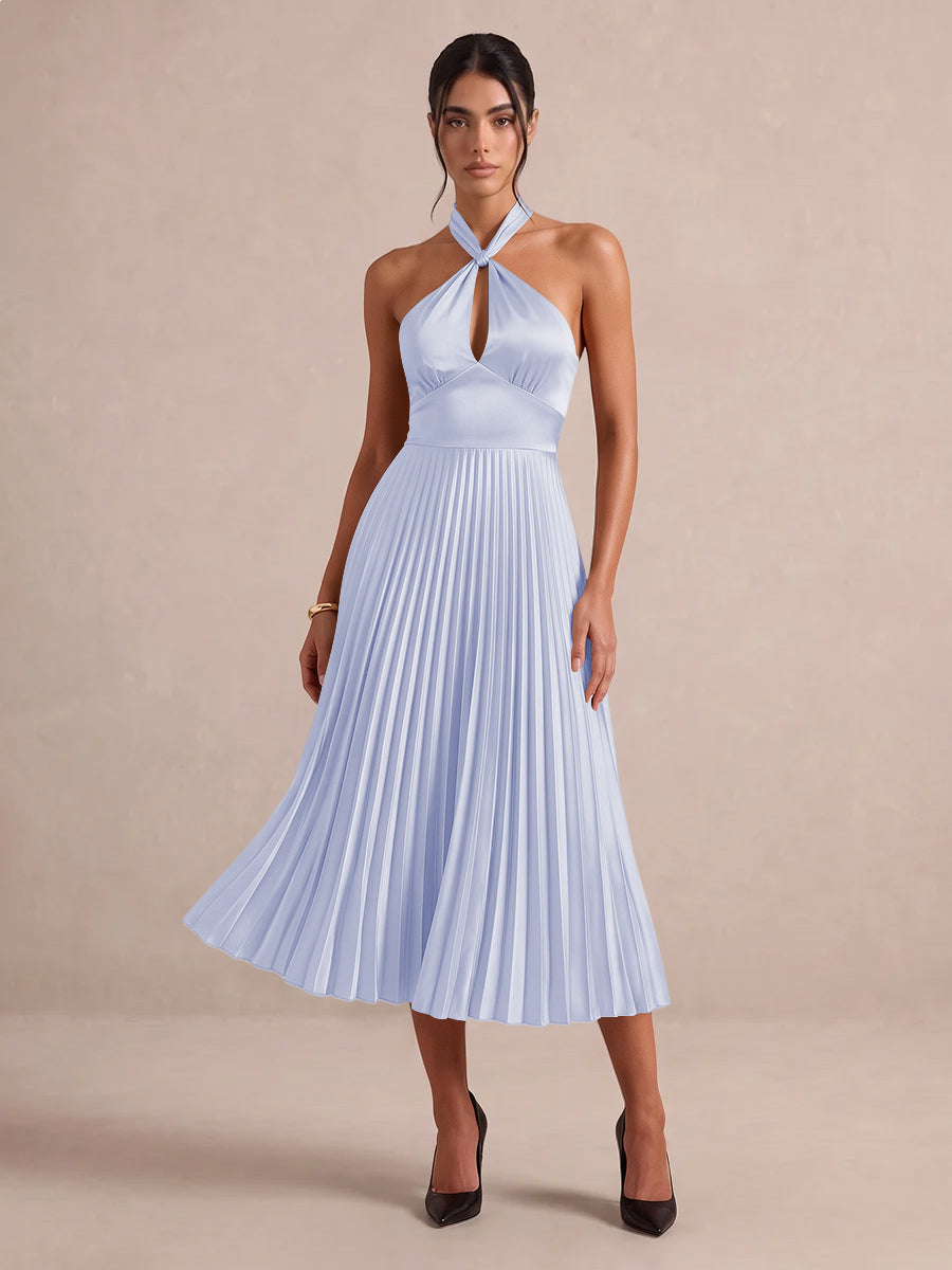 Emerald Green A Line Midi Satin Wedding Guest Dresses Halter Neck Cocktail Dresses