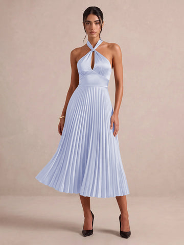 Emerald Green A Line Midi Satin Wedding Guest Dresses Halter Neck Cocktail Dresses