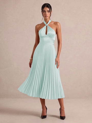 Emerald Green A Line Midi Satin Wedding Guest Dresses Halter Neck Cocktail Dresses