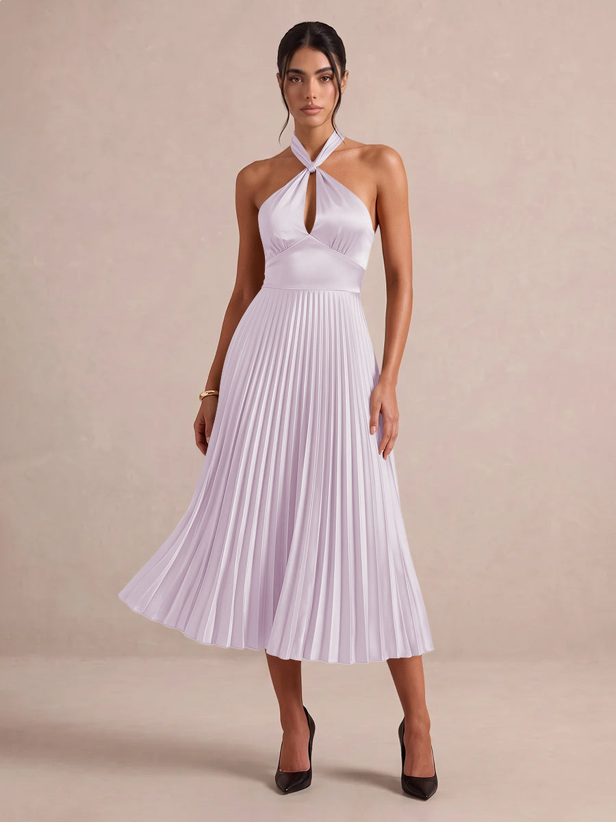 Emerald Green A Line Midi Satin Wedding Guest Dresses Halter Neck Cocktail Dresses