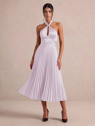Emerald Green A Line Midi Satin Wedding Guest Dresses Halter Neck Cocktail Dresses