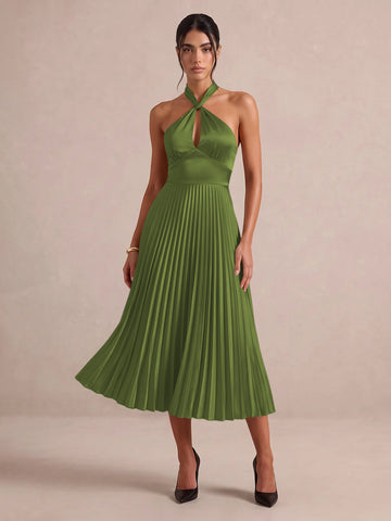 Emerald Green A Line Midi Satin Wedding Guest Dresses Halter Neck Cocktail Dresses