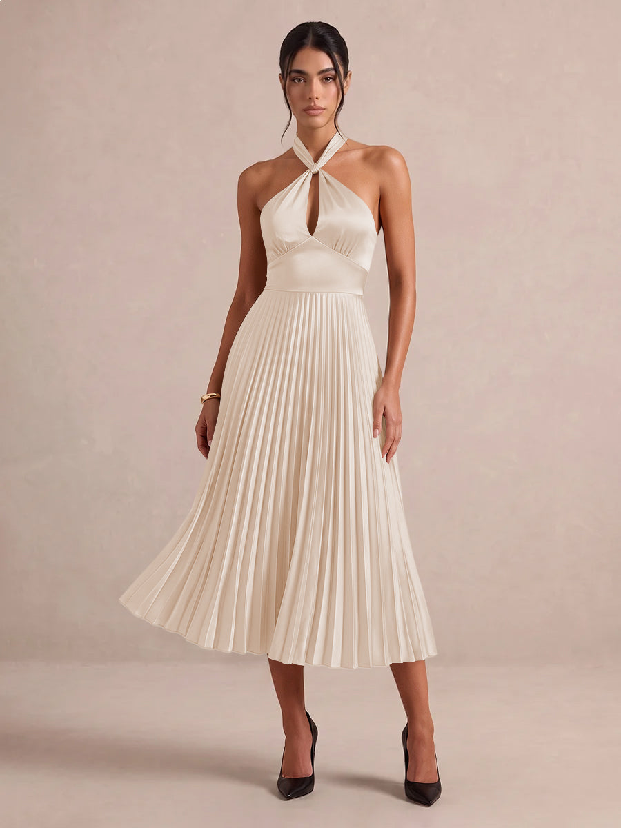 Emerald Green A Line Midi Satin Wedding Guest Dresses Halter Neck Cocktail Dresses