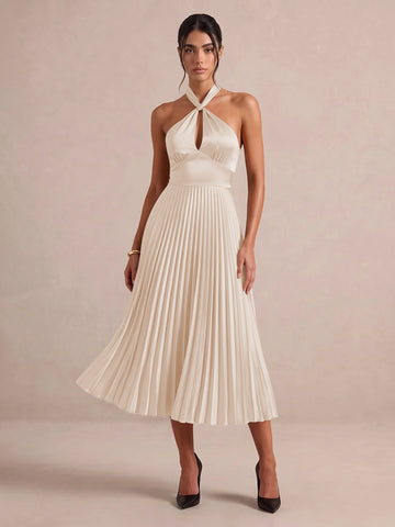 Emerald Green A Line Midi Satin Wedding Guest Dresses Halter Neck Cocktail Dresses