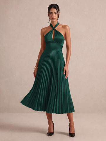 Emerald Green A Line Midi Satin Wedding Guest Dresses Halter Neck Cocktail Dresses