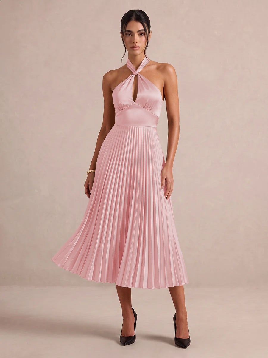 Emerald Green A Line Midi Satin Wedding Guest Dresses Halter Neck Cocktail Dresses