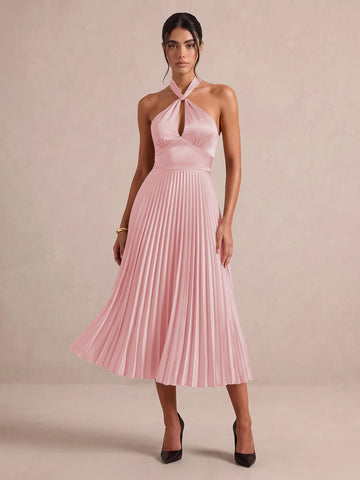 Emerald Green A Line Midi Satin Wedding Guest Dresses Halter Neck Cocktail Dresses