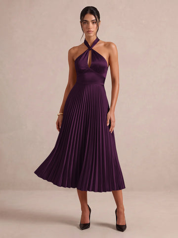 Emerald Green A Line Midi Satin Wedding Guest Dresses Halter Neck Cocktail Dresses