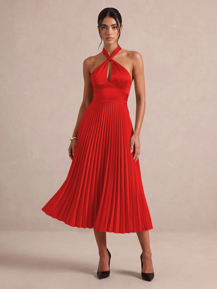 Emerald Green A Line Midi Satin Wedding Guest Dresses Halter Neck Cocktail Dresses