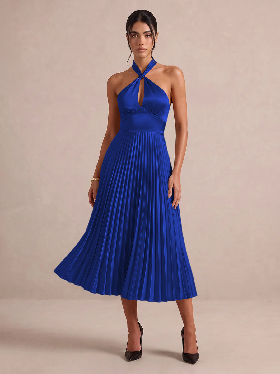 Emerald Green A Line Midi Satin Wedding Guest Dresses Halter Neck Cocktail Dresses