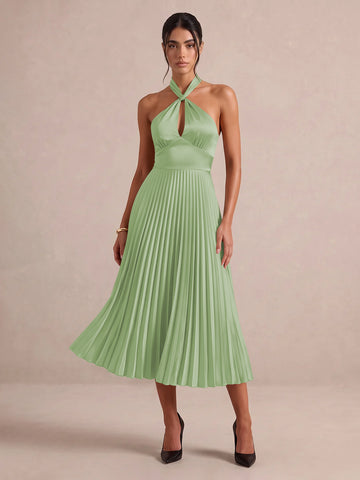 Emerald Green A Line Midi Satin Wedding Guest Dresses Halter Neck Cocktail Dresses