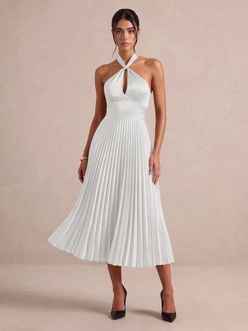 Emerald Green A Line Midi Satin Wedding Guest Dresses Halter Neck Cocktail Dresses