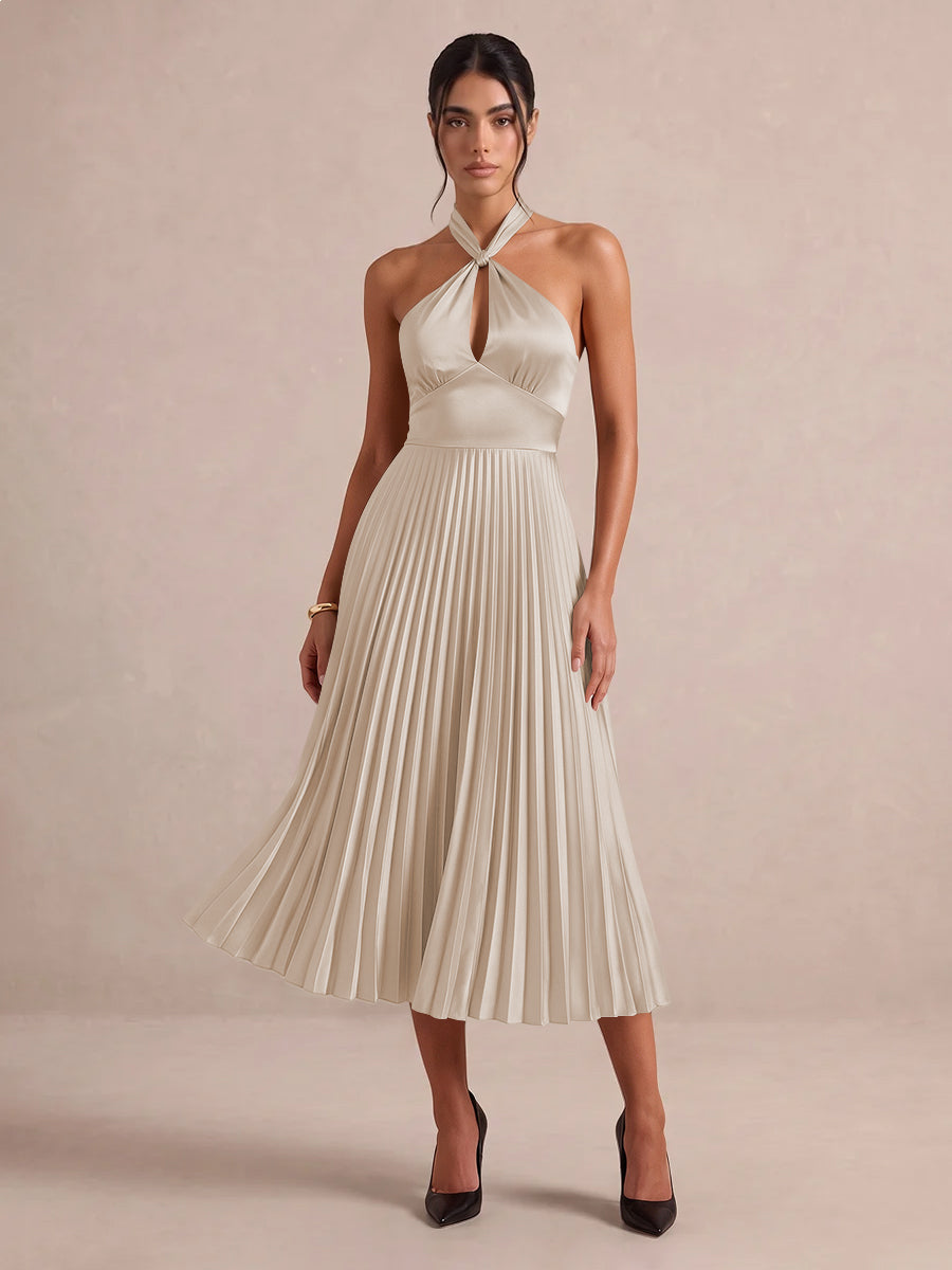 Emerald Green A Line Midi Satin Wedding Guest Dresses Halter Neck Cocktail Dresses