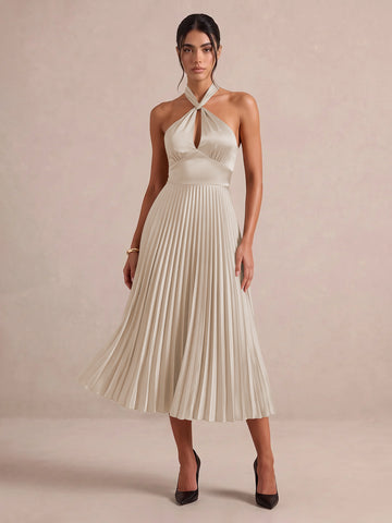 Emerald Green A Line Midi Satin Wedding Guest Dresses Halter Neck Cocktail Dresses