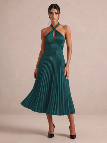 Emerald Green A Line Midi Satin Wedding Guest Dresses Halter Neck Cocktail Dresses