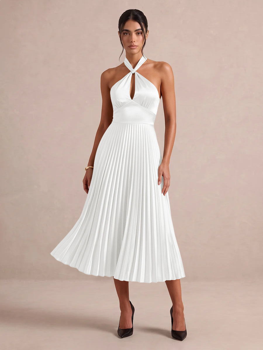 Emerald Green A Line Midi Satin Wedding Guest Dresses Halter Neck Cocktail Dresses