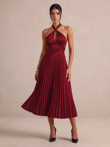 Emerald Green A Line Midi Satin Wedding Guest Dresses Halter Neck Cocktail Dresses