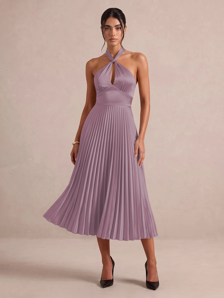 Emerald Green A Line Midi Satin Wedding Guest Dresses Halter Neck Cocktail Dresses