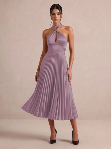 Emerald Green A Line Midi Satin Wedding Guest Dresses Halter Neck Cocktail Dresses