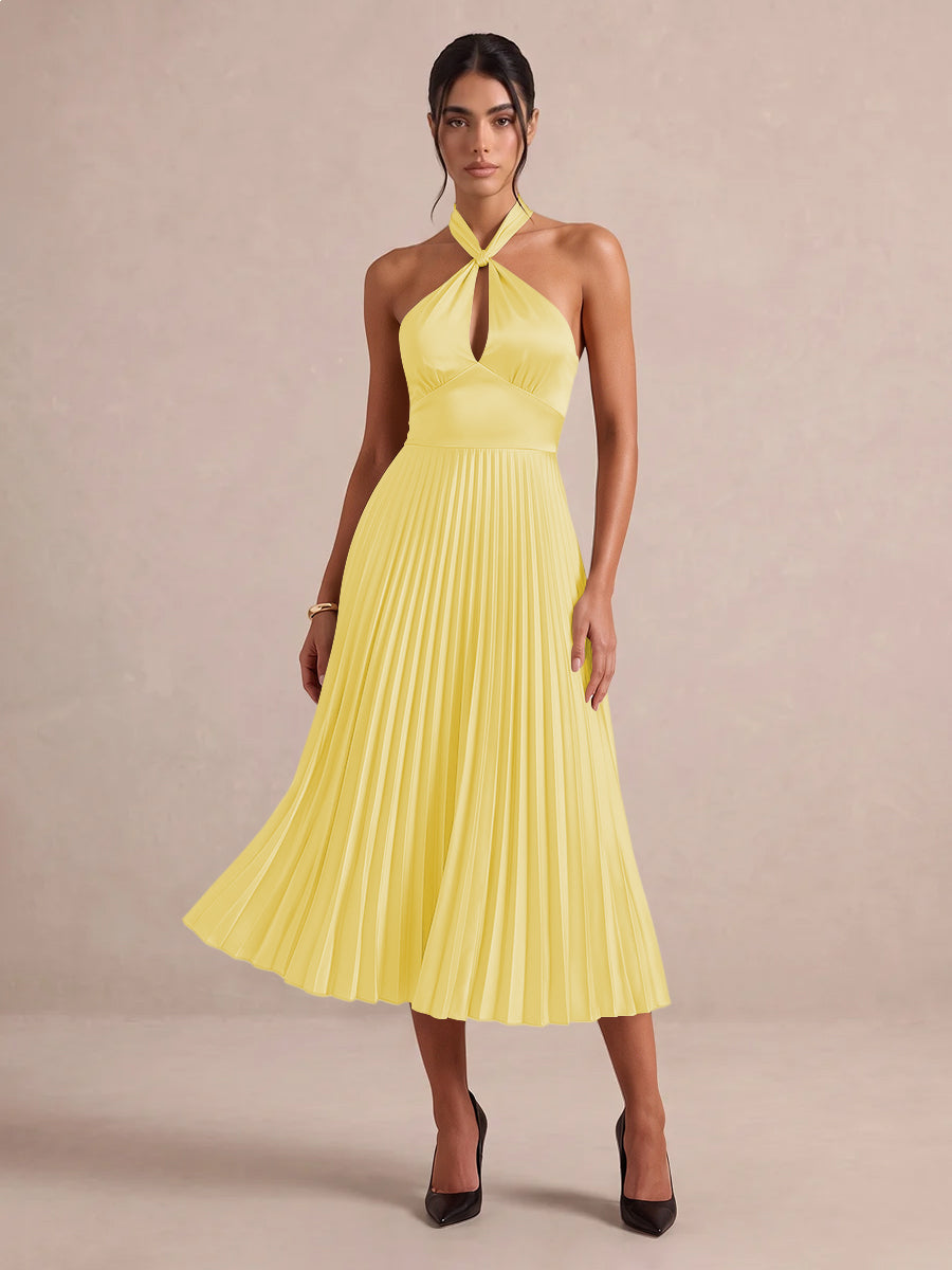 Emerald Green A Line Midi Satin Wedding Guest Dresses Halter Neck Cocktail Dresses