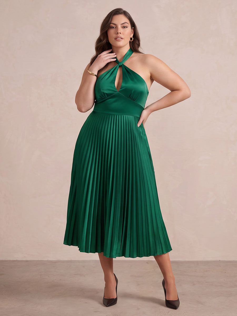 Emerald Green A Line Midi Satin Wedding Guest Dresses Halter Neck Cocktail Dresses Plus Size