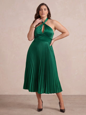 Emerald Green A Line Midi Satin Wedding Guest Dresses Halter Neck Cocktail Dresses Plus Size