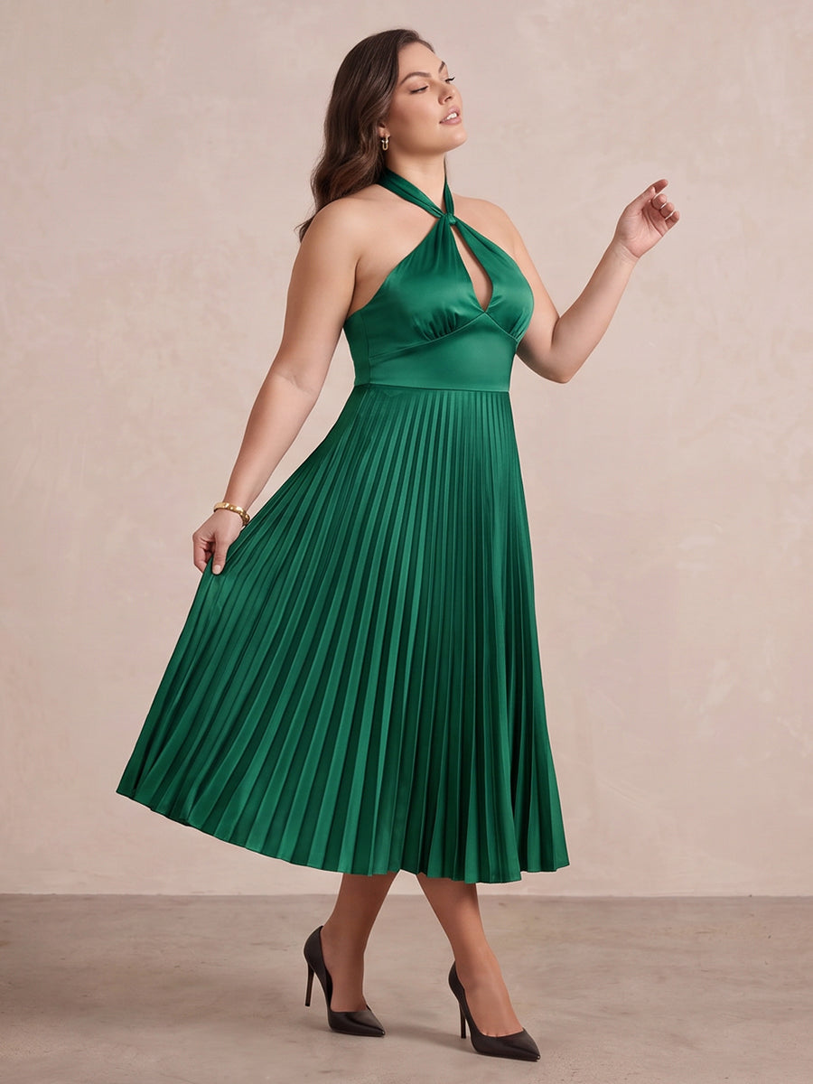 Emerald Green A Line Midi Satin Wedding Guest Dresses Halter Neck Cocktail Dresses Plus Size
