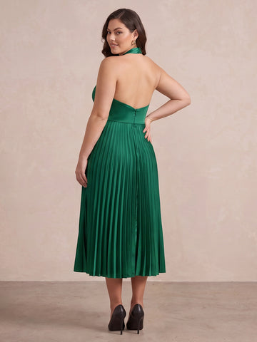 Emerald Green A Line Midi Satin Wedding Guest Dresses Halter Neck Cocktail Dresses Plus Size