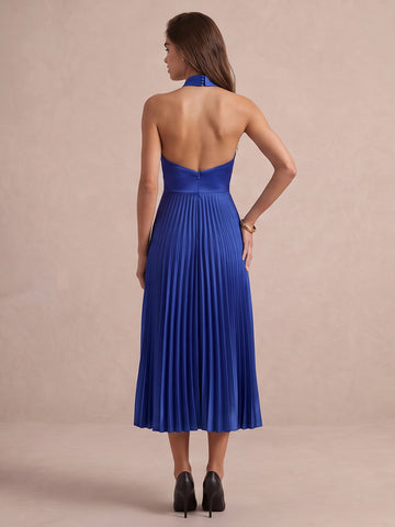 Royal Blue A Line Midi Satin Wedding Guest Dresses Pleated Halter Neck Cocktail Dresses