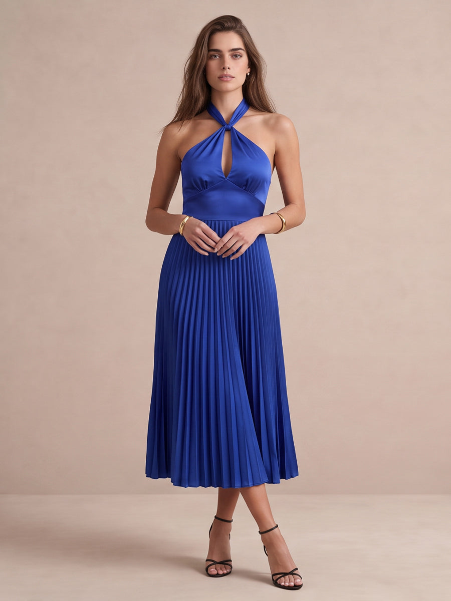 Royal Blue A Line Midi Satin Wedding Guest Dresses Pleated Halter Neck Cocktail Dresses