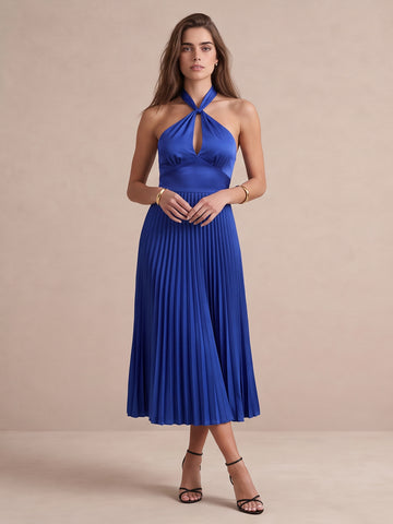 Royal Blue A Line Midi Satin Wedding Guest Dresses Pleated Halter Neck Cocktail Dresses