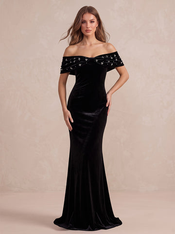 Black Mermaid Maxi Velvet Wedding Guest Dresses Off Shoulder Formal Dresses with Bead