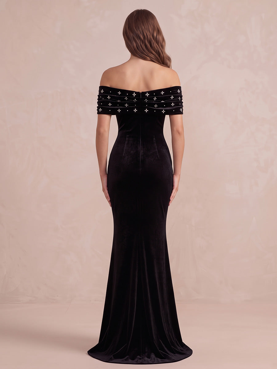 Black Mermaid Maxi Velvet Wedding Guest Dresses Off Shoulder Formal Dresses with Bead