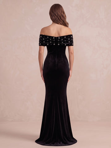 Black Mermaid Maxi Velvet Wedding Guest Dresses Off Shoulder Formal Dresses with Bead