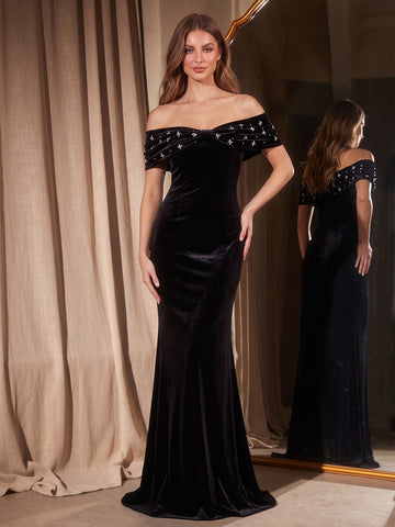 Black Mermaid Maxi Velvet Wedding Guest Dresses Off Shoulder Formal Dresses with Bead