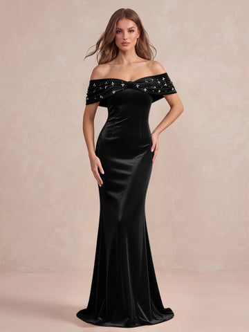 Black Mermaid Maxi Velvet Wedding Guest Dresses Off Shoulder Formal Dresses with Bead