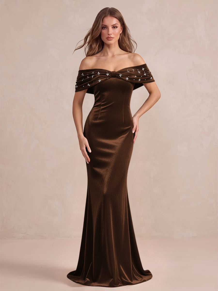Black Mermaid Maxi Velvet Wedding Guest Dresses Off Shoulder Formal Dresses with Bead