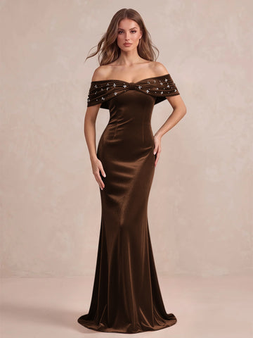 Black Mermaid Maxi Velvet Wedding Guest Dresses Off Shoulder Formal Dresses with Bead