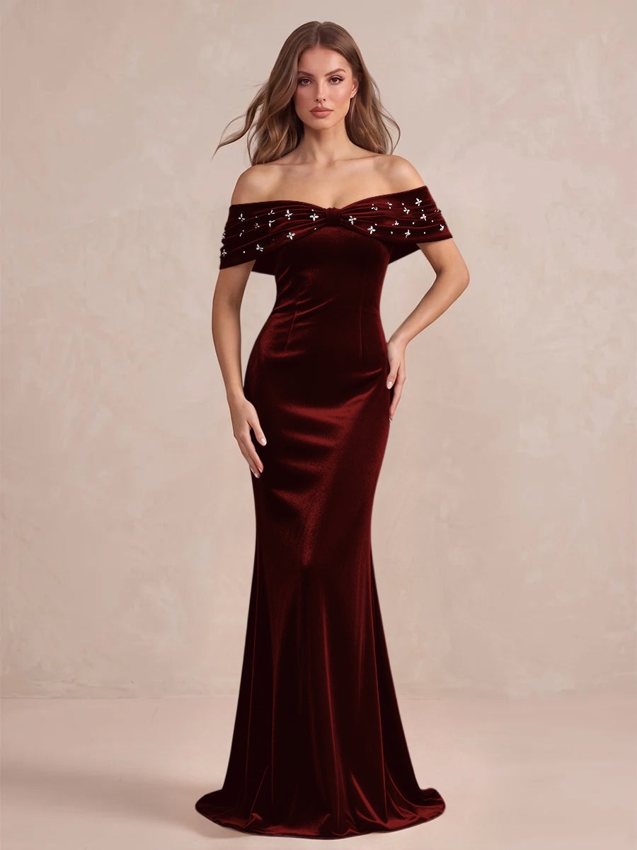 Black Mermaid Maxi Velvet Wedding Guest Dresses Off Shoulder Formal Dresses with Bead