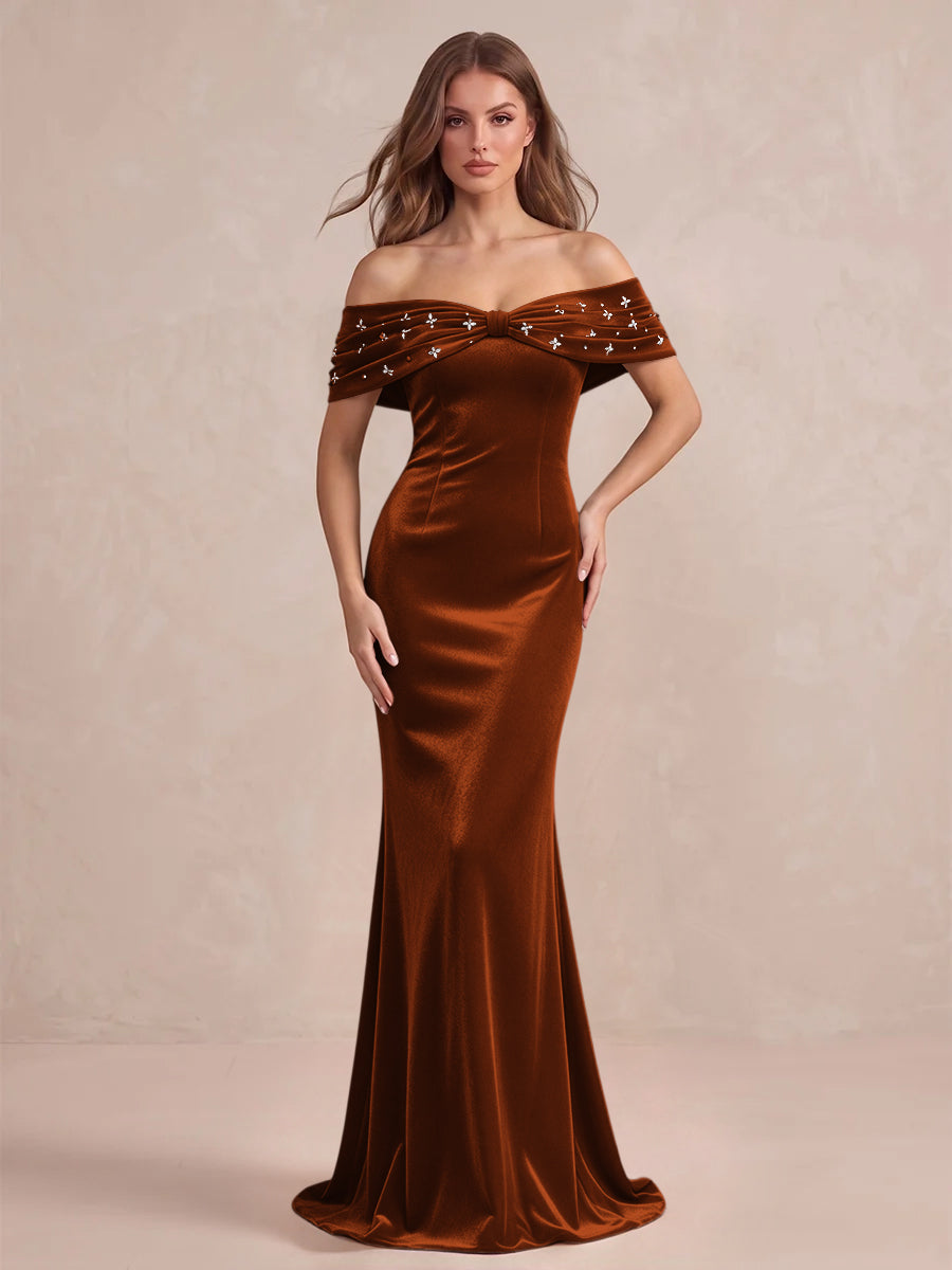 Black Mermaid Maxi Velvet Wedding Guest Dresses Off Shoulder Formal Dresses with Bead