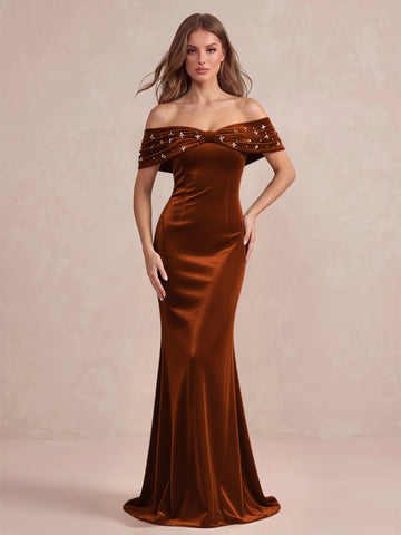 Black Mermaid Maxi Velvet Wedding Guest Dresses Off Shoulder Formal Dresses with Bead