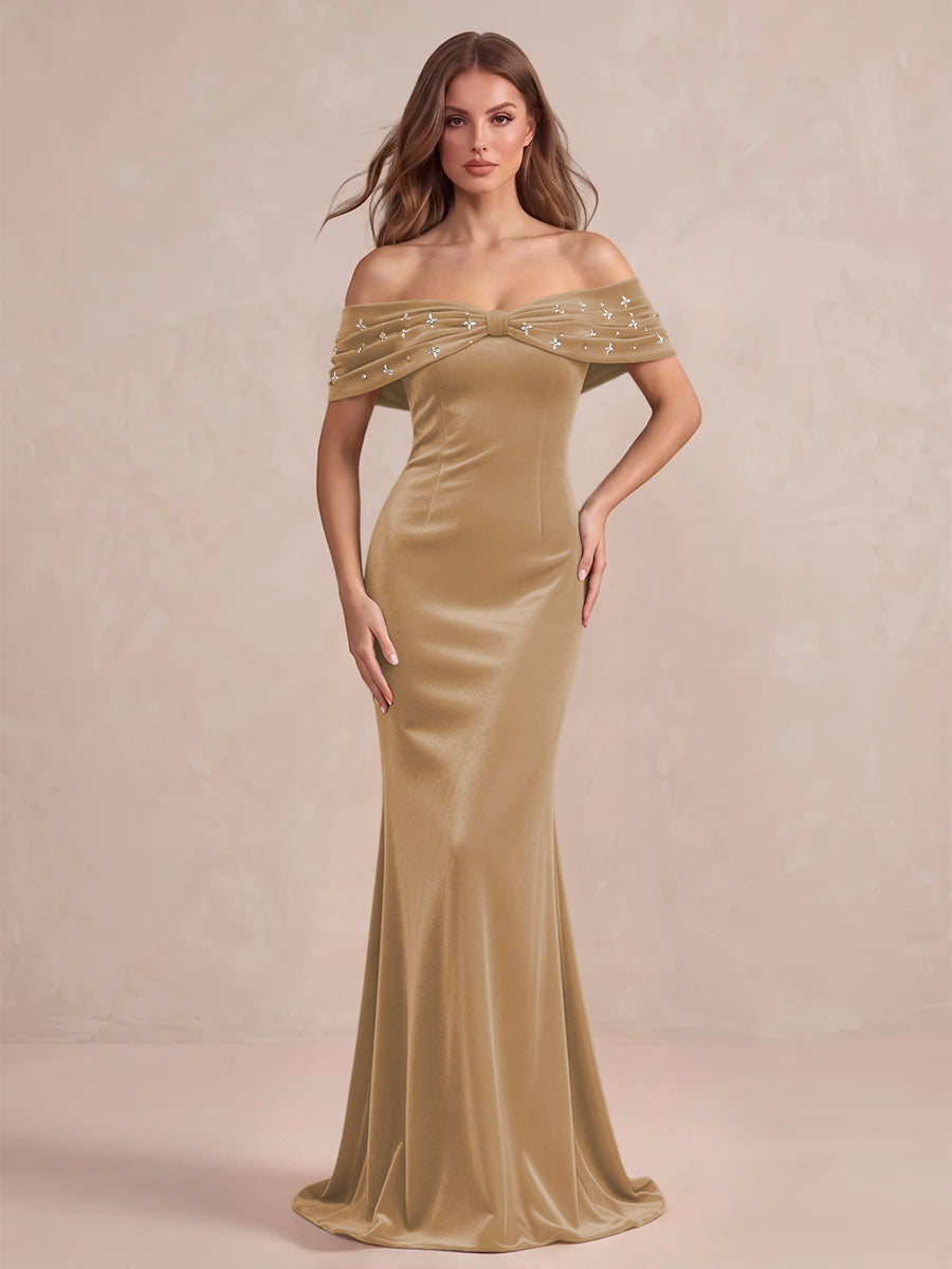 Black Mermaid Maxi Velvet Wedding Guest Dresses Off Shoulder Formal Dresses with Bead
