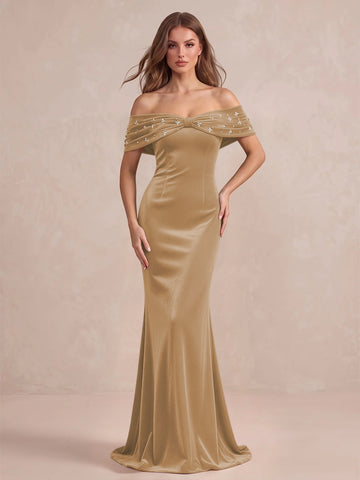 Black Mermaid Maxi Velvet Wedding Guest Dresses Off Shoulder Formal Dresses with Bead