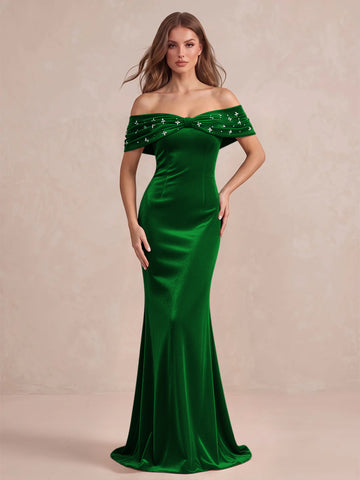 Black Mermaid Maxi Velvet Wedding Guest Dresses Off Shoulder Formal Dresses with Bead