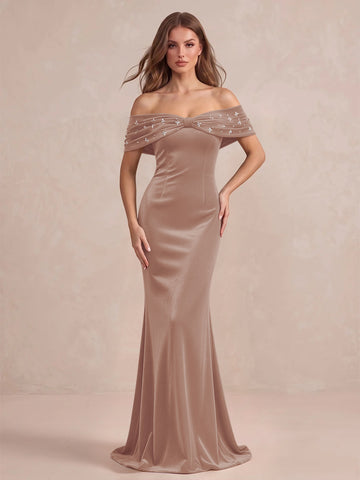 Black Mermaid Maxi Velvet Wedding Guest Dresses Off Shoulder Formal Dresses with Bead