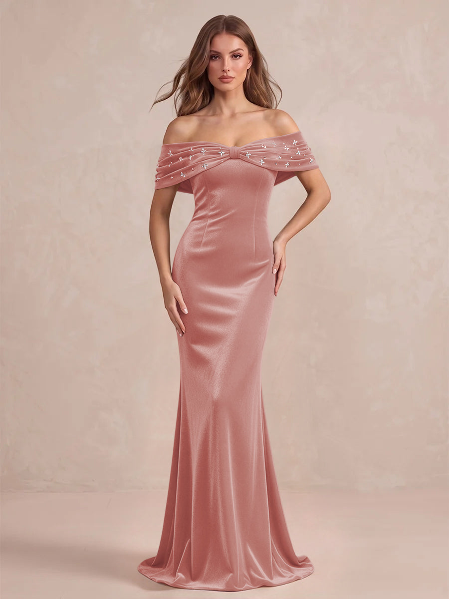 Black Mermaid Maxi Velvet Wedding Guest Dresses Off Shoulder Formal Dresses with Bead